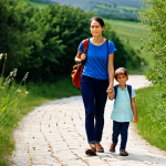 A small family, a mother and her child, walking along a gentle, winding path with a distant, indistinct landscape in the background. The mother is carrying a modest backpack, and the child holds her hand. They are depicted from a respectful mid-shot, showing their determined but contemplative expressions. The lighting is soft and natural. Their clothing is practical, modest, and appropriate for travel, fully clothed. The scene evokes a sense of journey and human resilience. Professional photography, high quality, perfect anatomy, correct proportions, natural pose, well-formed hands, proper finger count, natural body proportions, safe for work, appropriate content, fully clothed, modest, family-friendly.