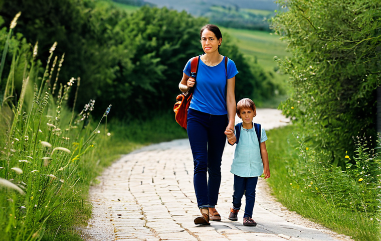 A small family, a mother and her child, walking along a gentle, winding path with a distant, indistinct landscape in the background. The mother is carrying a modest backpack, and the child holds her hand. They are depicted from a respectful mid-shot, showing their determined but contemplative expressions. The lighting is soft and natural. Their clothing is practical, modest, and appropriate for travel, fully clothed. The scene evokes a sense of journey and human resilience. Professional photography, high quality, perfect anatomy, correct proportions, natural pose, well-formed hands, proper finger count, natural body proportions, safe for work, appropriate content, fully clothed, modest, family-friendly.