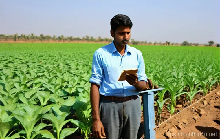 국제개발협력 전략 - **Prompt:** A vibrant outdoor scene in a sun-drenched agricultural field. An Indian agricultural sci...