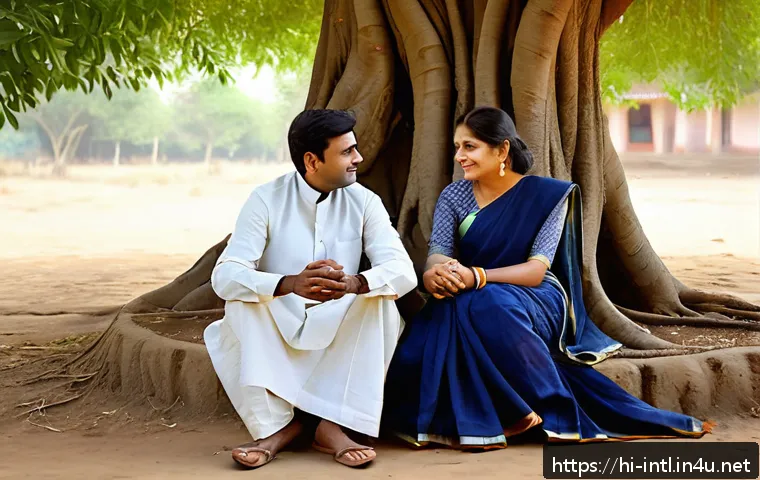 비공식 외교 트랙 1 5 트랙 2 - A serene setting of informal dialogue between two diverse Indian leaders seated outdoors under a lar...