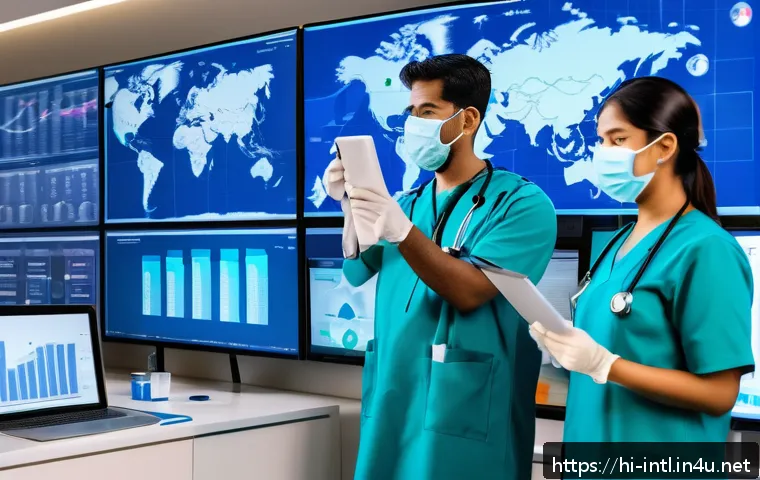 세계보건기구 WHO 역할 - A detailed digital illustration of a diverse group of healthcare workers in modern protective masks ...