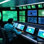국제 핵안보 정상회의 NS - A highly detailed and realistic depiction of a futuristic nuclear facility control room featuring ad...